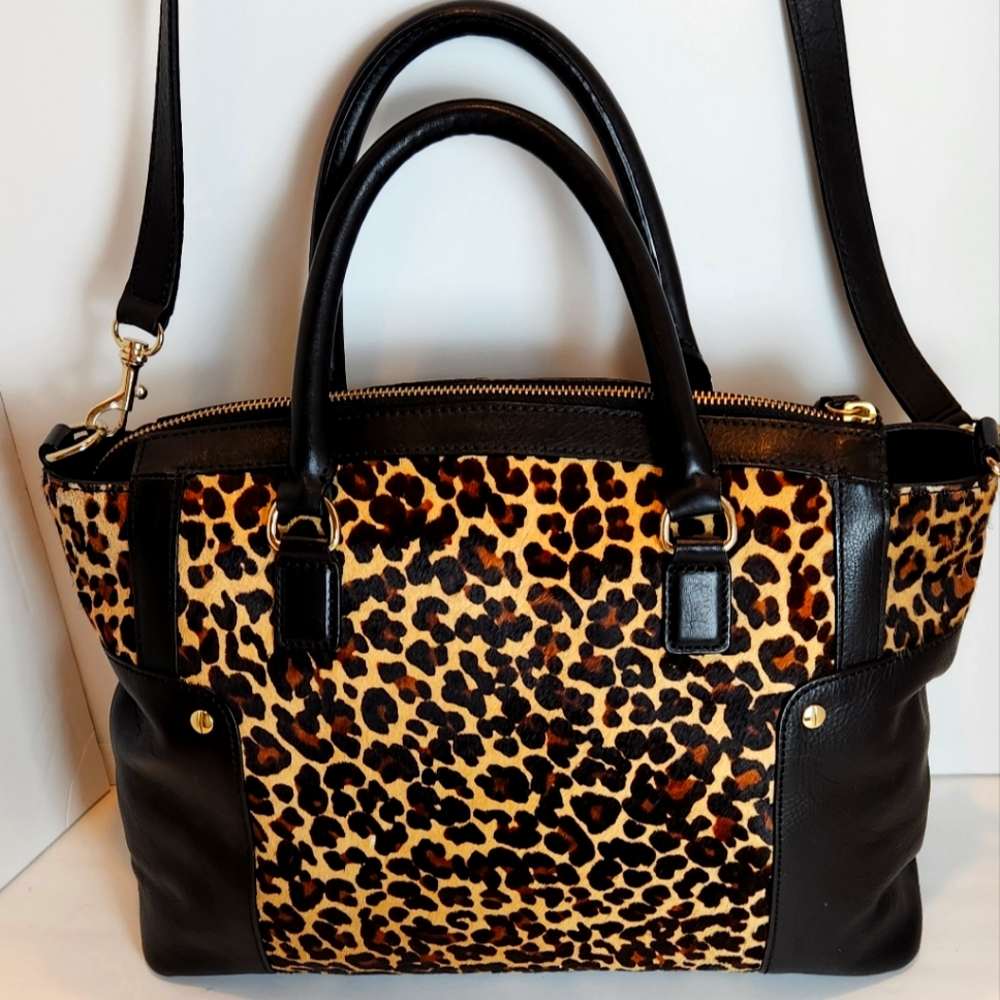 Leopard Haircalf and Black Leather Bag Tote with Shoulder Strap